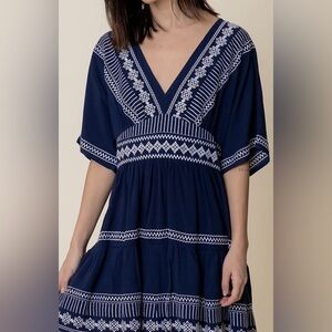 En Creme Navy and White Embroidered Dress